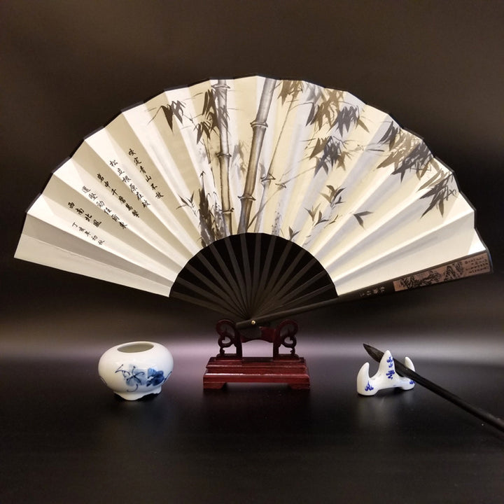 Buddha Stones Wielki Mur Góry Drzewa Żuraw Bambus Ręczny Bambusowy Składany Wentylator 33,5 cm