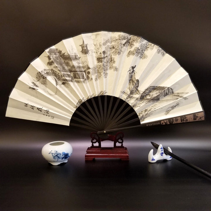 Buddha Stones Wielki Mur Góry Drzewa Żuraw Bambus Ręczny Bambusowy Składany Wentylator 33,5 cm - Noc dla mostu klonowego 33,5 cm - image 9