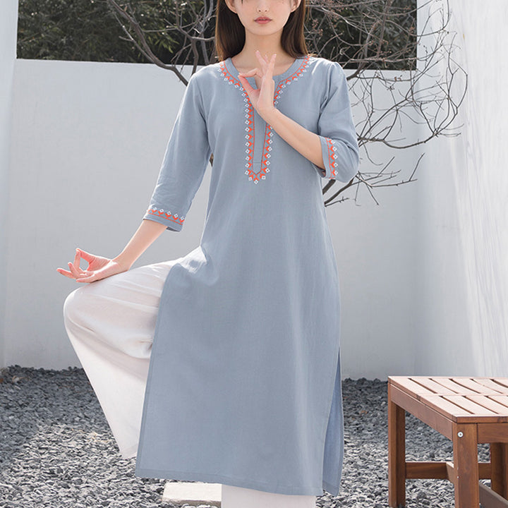 Buddha Stones 2 szt. dekolt w serek haft odzież do jogi zen medytacja bawełna len top spodnie damskie zestaw - Niebieski top i białe spodnie - US8-10，UK/AU12-14，EU40-42 (2XL) - image 5