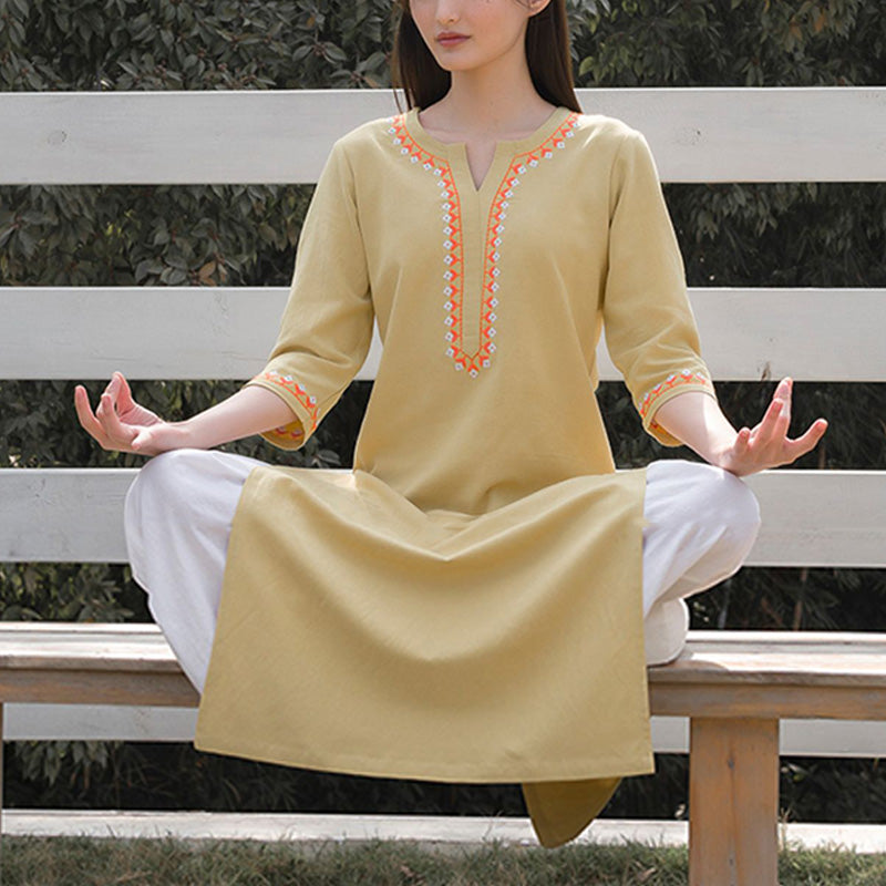 Buddha Stones 2 szt. dekolt w serek haft odzież do jogi zen medytacja bawełna len top spodnie damskie zestaw - Żółty top i białe spodnie - US12, UK/AU16, EU44 (2XL)  - image 13