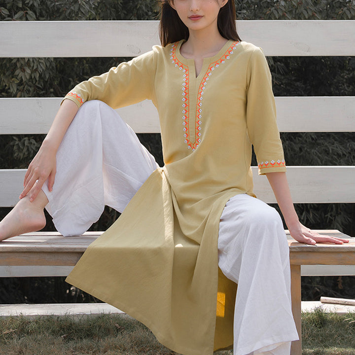 Buddha Stones 2 szt. dekolt w serek haft odzież do jogi zen medytacja bawełna len top spodnie damskie zestaw - image 14