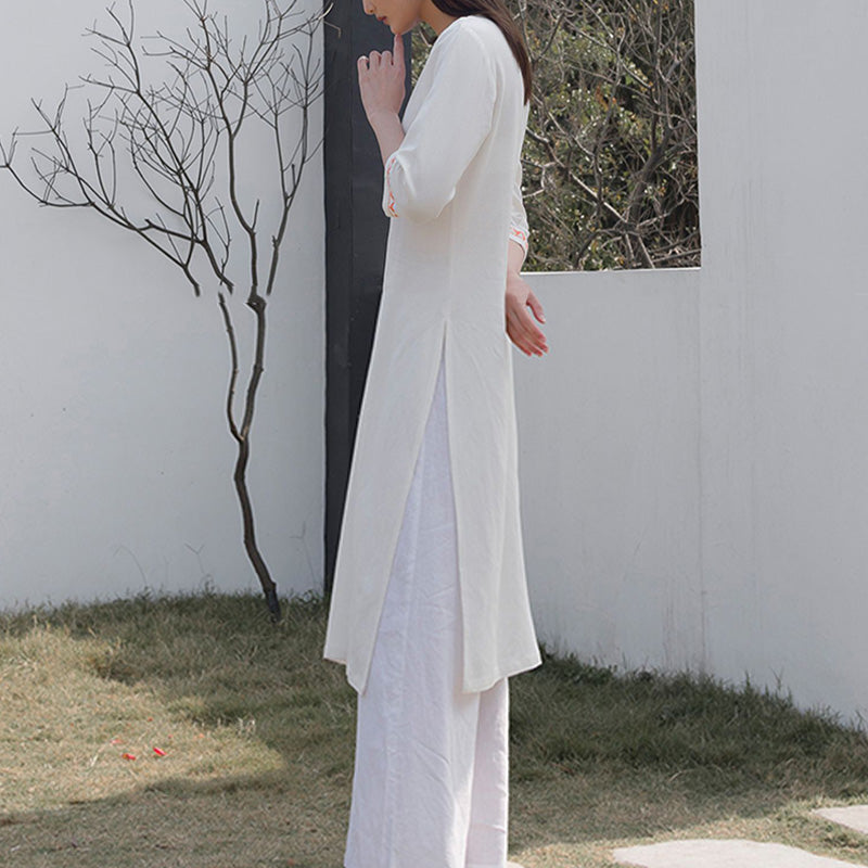 Buddha Stones 2 szt. dekolt w serek haft odzież do jogi zen medytacja bawełna len top spodnie damskie zestaw - image 3