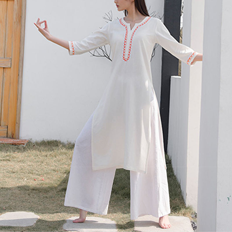 Buddha Stones 2 szt. dekolt w serek haft odzież do jogi zen medytacja bawełna len top spodnie damskie zestaw - image 4