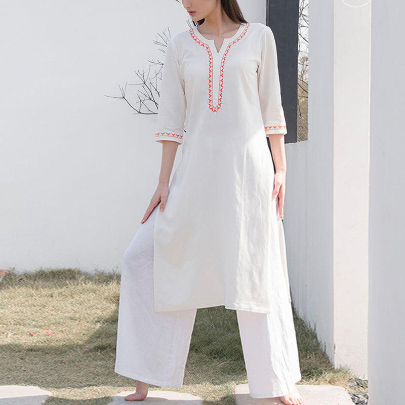 Buddha Stones 2 szt. dekolt w serek haft odzież do jogi zen medytacja bawełna len top spodnie damskie zestaw - image 2