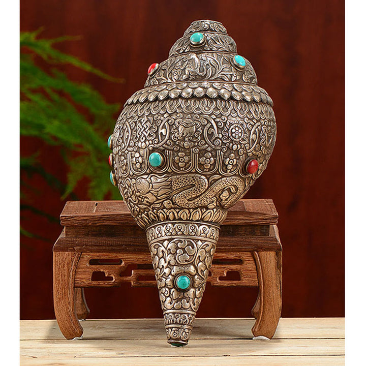 Tybetańska ręcznie robiona naturalna Shankha z ośmioma pomyślnymi symbolami, muszla Conch, szczęśliwa dekoracja domu