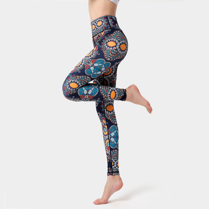 Buddha Stones Liście Ptaki Nadruk Spodnie Sport Fitness Joga Taniec Legginsy Damskie Spodnie do Jogi - Pomarańczowy Czarny Niebieski - US8-10, UK/AU12-14, EU40-42 (XL) - image 0