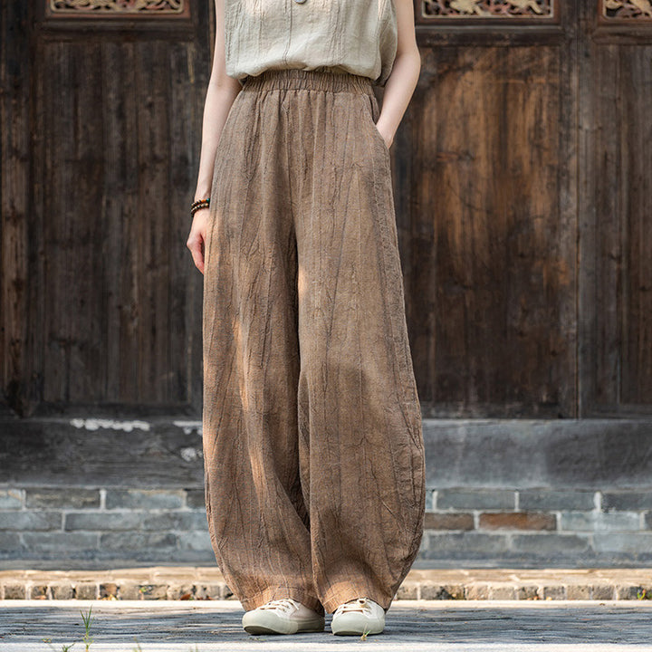 Spodnie z bawełny i lnu z motywem tie-dye z motywem Buddha Stones , luźne spodnie damskie do jogi z kieszeniami - Brązowy (podszyty polarem) - US8-10, UK/AU12-14, EU40-42 (L)  - image 0