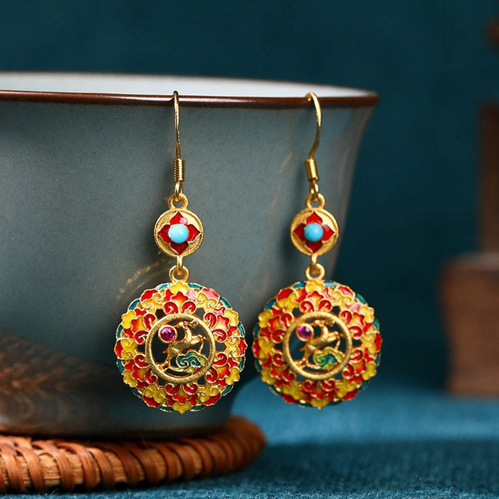 Kolczyki wiszące Buddha Stones 24K Gold Plated Dunhuang Color Elk Copper Balance