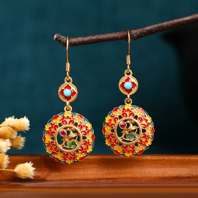 Kolczyki wiszące Buddha Stones 24K Gold Plated Dunhuang Color Elk Copper Balance