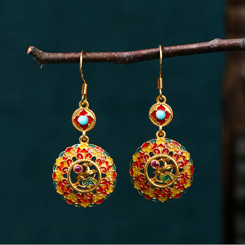 Kolczyki wiszące Buddha Stones 24K Gold Plated Dunhuang Color Elk Copper Balance