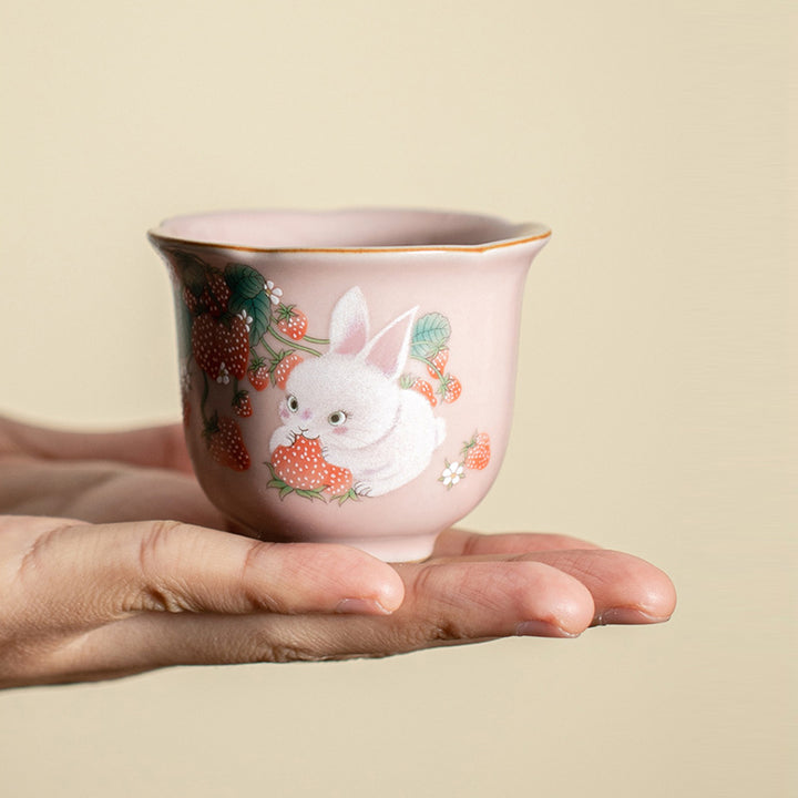 Buddha Stones Uroczy Truskawkowy Królik Kwiat Ceramiczny Filiżanka Kung Fu Filiżanka Do Herbaty 55ml