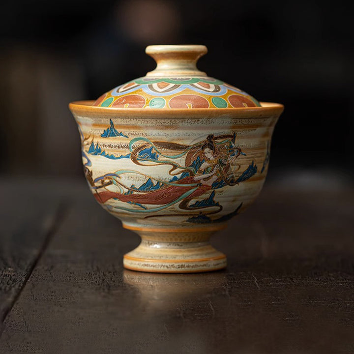 Buddha Stones Dunhuang Latające Apsaras Ceramiczna filiżanka Gaiwan Sancai Filiżanka do herbaty Kung Fu z pokrywką
