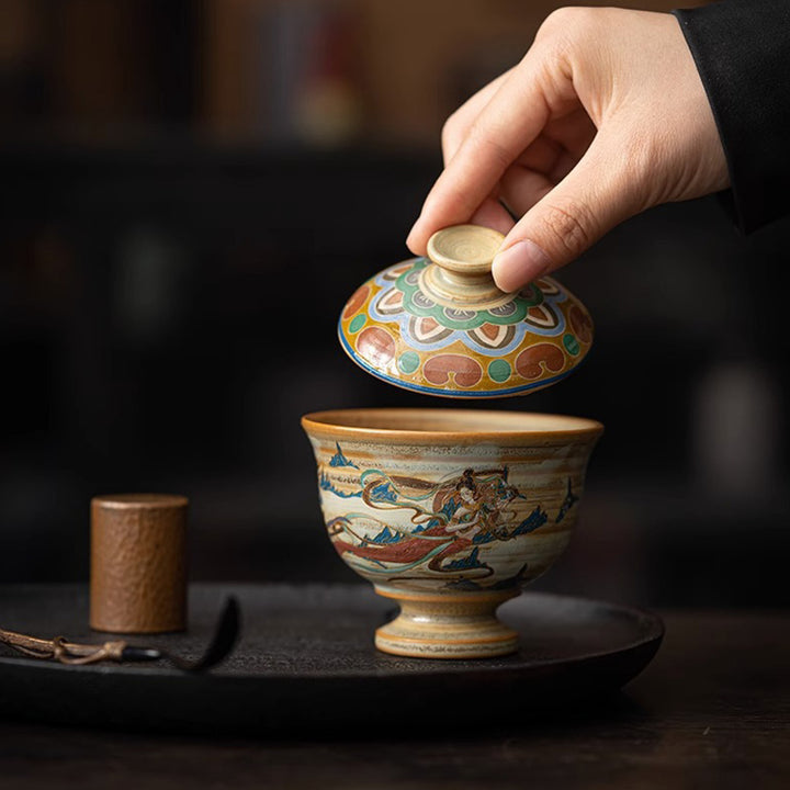 Buddha Stones Dunhuang Latające Apsaras Ceramiczna filiżanka Gaiwan Sancai Filiżanka do herbaty Kung Fu z pokrywką