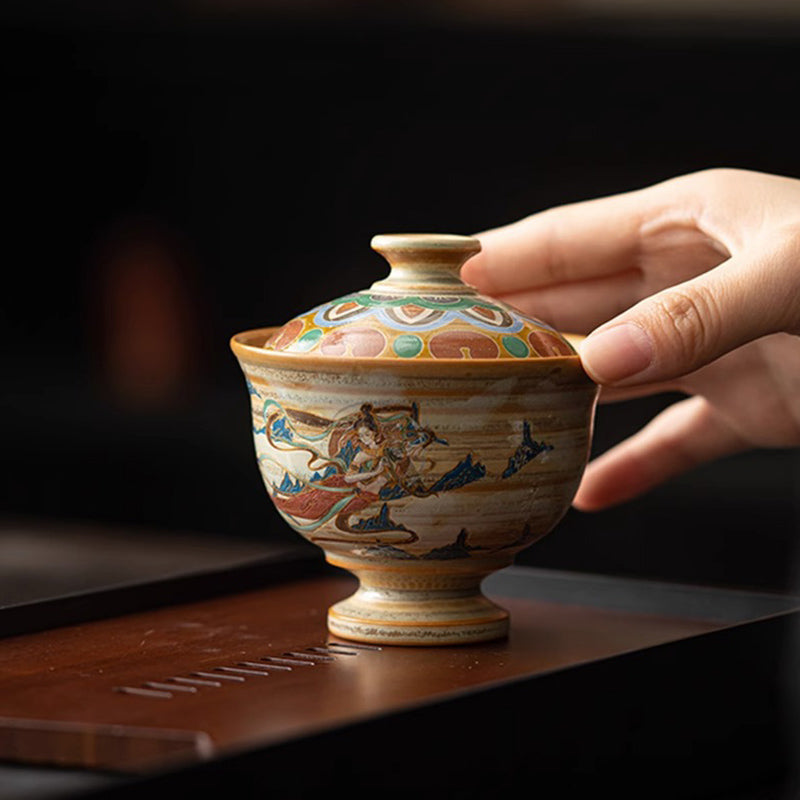 Buddha Stones Dunhuang Latające Apsaras Ceramiczna filiżanka Gaiwan Sancai Filiżanka do herbaty Kung Fu z pokrywką