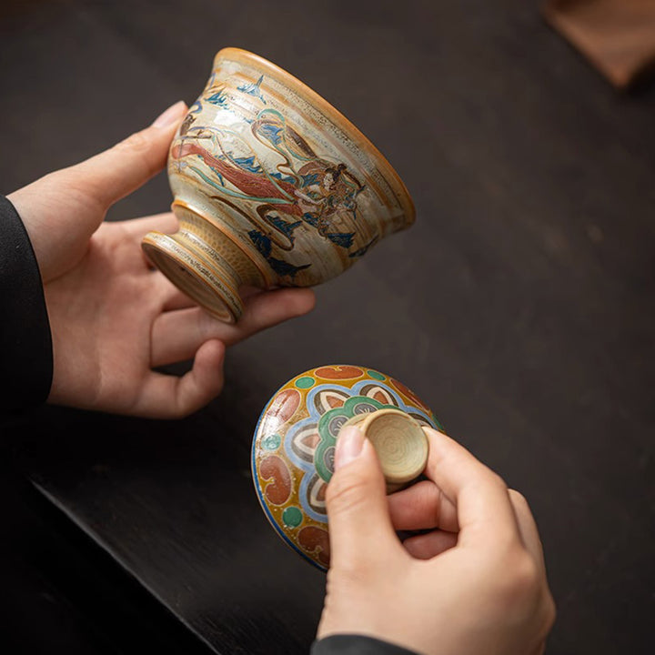 Buddha Stones Dunhuang Latające Apsaras Ceramiczna filiżanka Gaiwan Sancai Filiżanka do herbaty Kung Fu z pokrywką