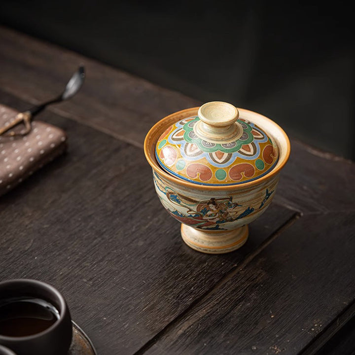Buddha Stones Dunhuang Latające Apsaras Ceramiczna filiżanka Gaiwan Sancai Filiżanka do herbaty Kung Fu z pokrywką
