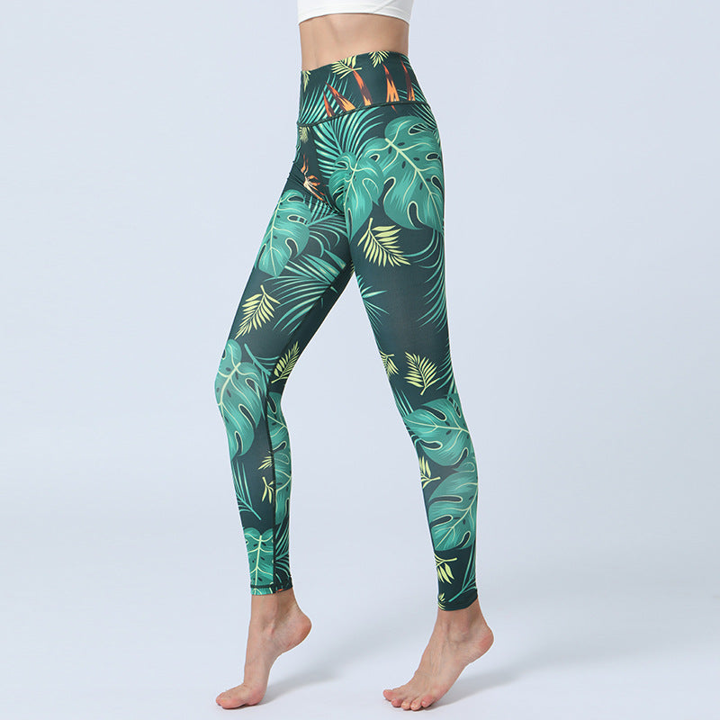 Spodnie do jogi z nadrukiem Buddha Stones , legginsy sportowe, fitness, joga, damskie, z wysokim stanem - Zielone liście - US8-10, UK/AU12-14, EU40-42 (XL)  - image 0