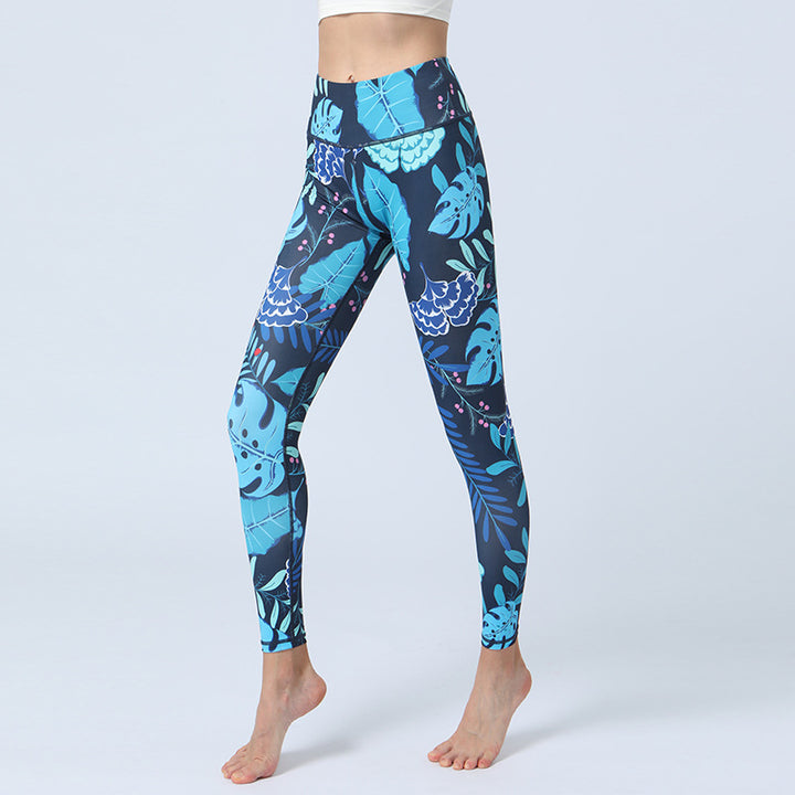 Spodnie do jogi z nadrukiem Buddha Stones , legginsy sportowe, fitness, joga, damskie, z wysokim stanem - Niebieskie liście - US8-10, UK/AU12-14, EU40-42 (XL)  - image 4