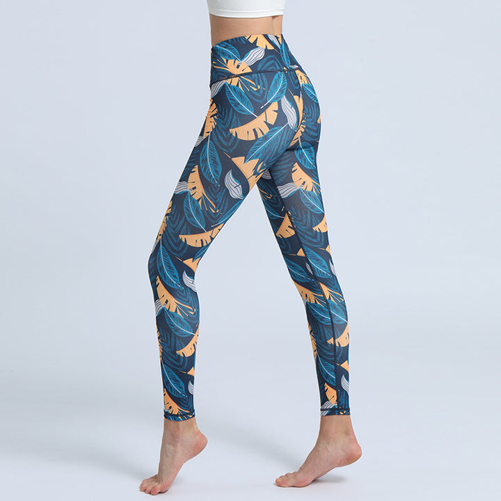 Spodnie do jogi z nadrukiem Buddha Stones , legginsy sportowe, fitness, joga, damskie, z wysokim stanem - Stalowoniebieskie żółte liście - US8-10, UK/AU12-14, EU40-42 (XL)  - image 11