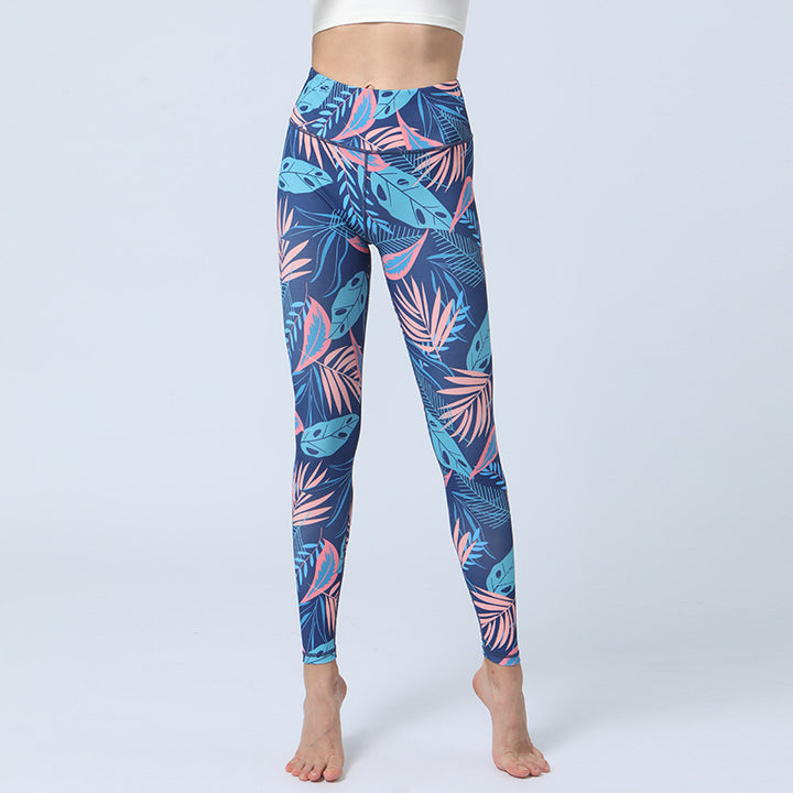 Spodnie do jogi z nadrukiem Buddha Stones , legginsy sportowe, fitness, joga, damskie, z wysokim stanem - Niebiesko-różowe liście - US8-10, UK/AU12-14, EU40-42 (XL)  - image 15