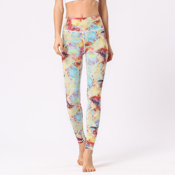 Buddha Stones Wielokolorowe Nadruk Kwiaty Spodnie Sportowe Ćwiczenia Fitness Wysoki Stan Legginsy Damskie Spodnie Do Jogi - Żółty Niebieski Czerwony - US8-10, UK/AU12-14, EU40-42 (XL) - image 0