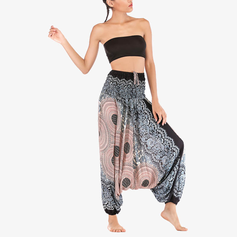 Buddha Stones Dwa style Noś okrągły geometryczny wzór Luźne marszczone spodnie haremowe Kombinezon Wysoki stan Damskie spodnie do jogi - image 33