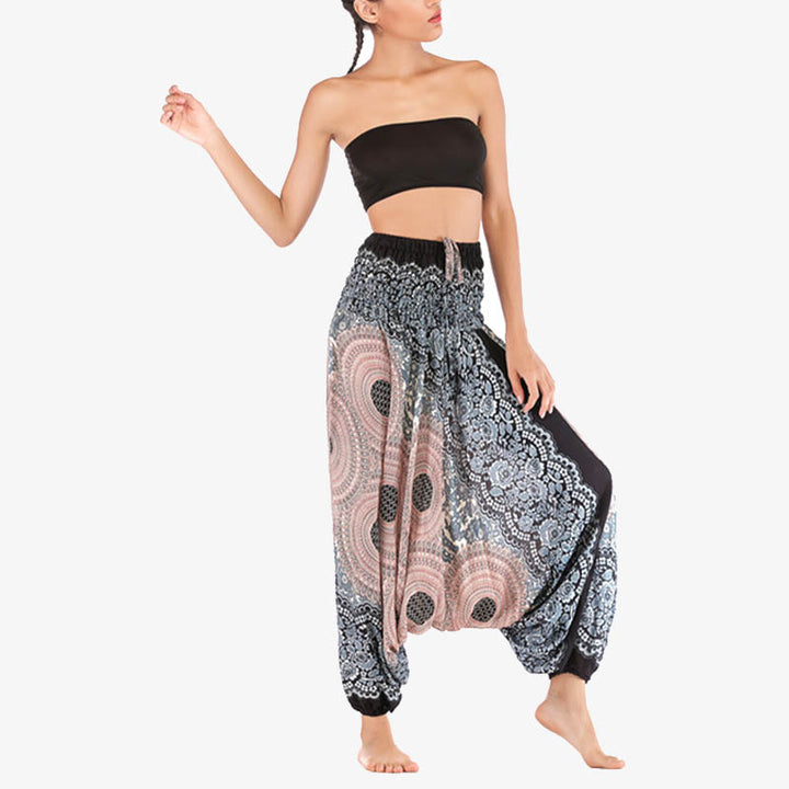 Buddha Stones Dwa style Noś okrągły geometryczny wzór Luźne marszczone spodnie haremowe Kombinezon Wysoki stan Damskie spodnie do jogi - image 33