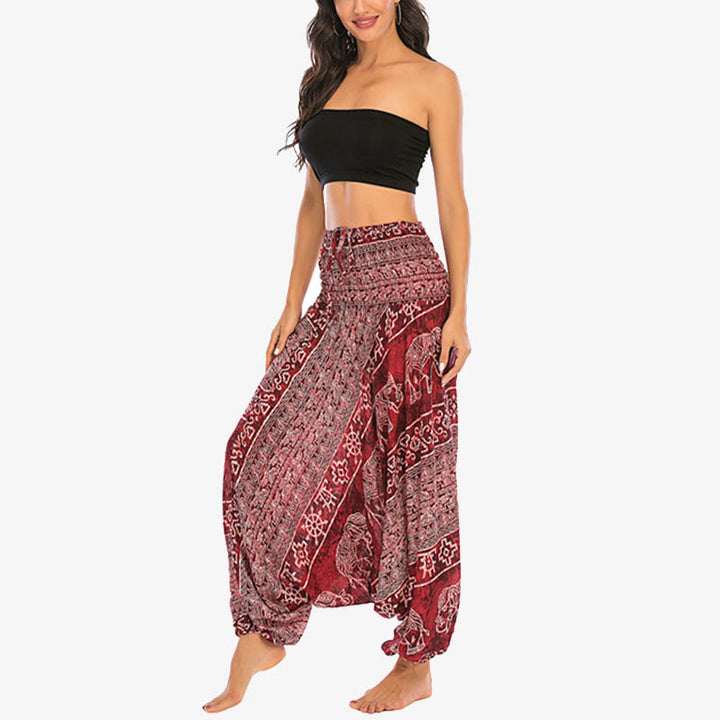 Buddha Stones Dwa Style Nosić Wzór Słonia Luźne Spodnie Haremowe Marszczone Kombinezon Damskie Spodnie Do Jogi - image 3