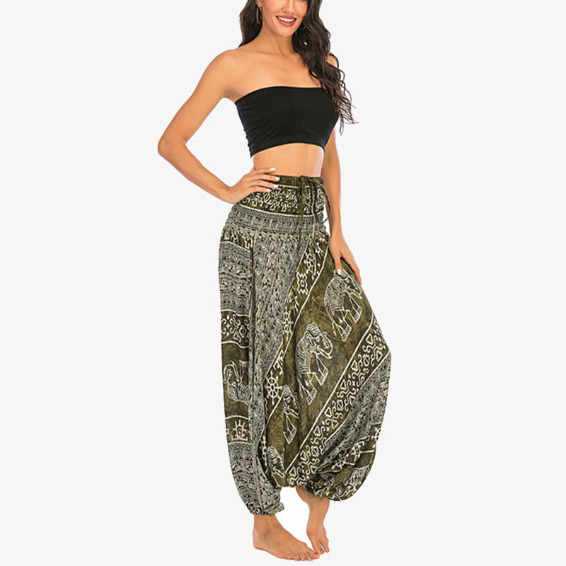 Buddha Stones Dwa Style Nosić Wzór Słonia Luźne Spodnie Haremowe Marszczone Kombinezon Damskie Spodnie Do Jogi - image 14