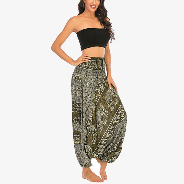 Buddha Stones Dwa Style Nosić Wzór Słonia Luźne Spodnie Haremowe Marszczone Kombinezon Damskie Spodnie Do Jogi - image 14