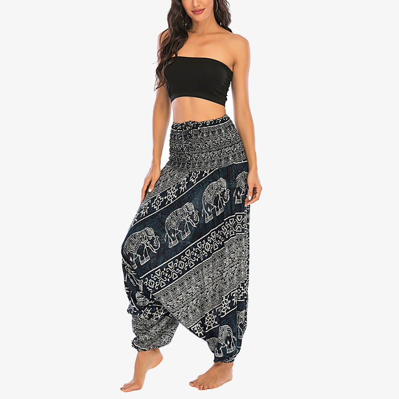 Buddha Stones Dwa Style Nosić Wzór Słonia Luźne Spodnie Haremowe Marszczone Kombinezon Damskie Spodnie Do Jogi - image 26