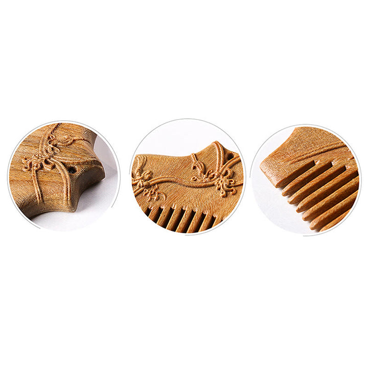 Buddha Stones Zielony Sandałowiec Kwiat Wzór Grawerowany Kojący Grzebień