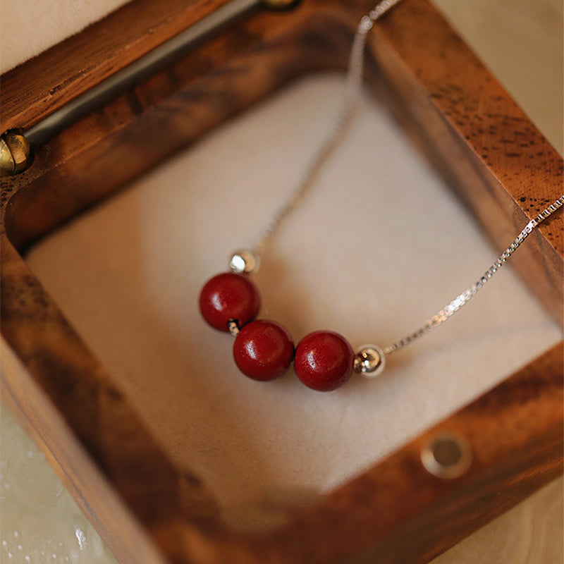 Buddha Stones 925 Srebro Sterling Koralik Cynobru Spokój Błogosławieństwo Naszyjnik Wisiorek - 6mm Trzy koraliki cynobrowe - image 0