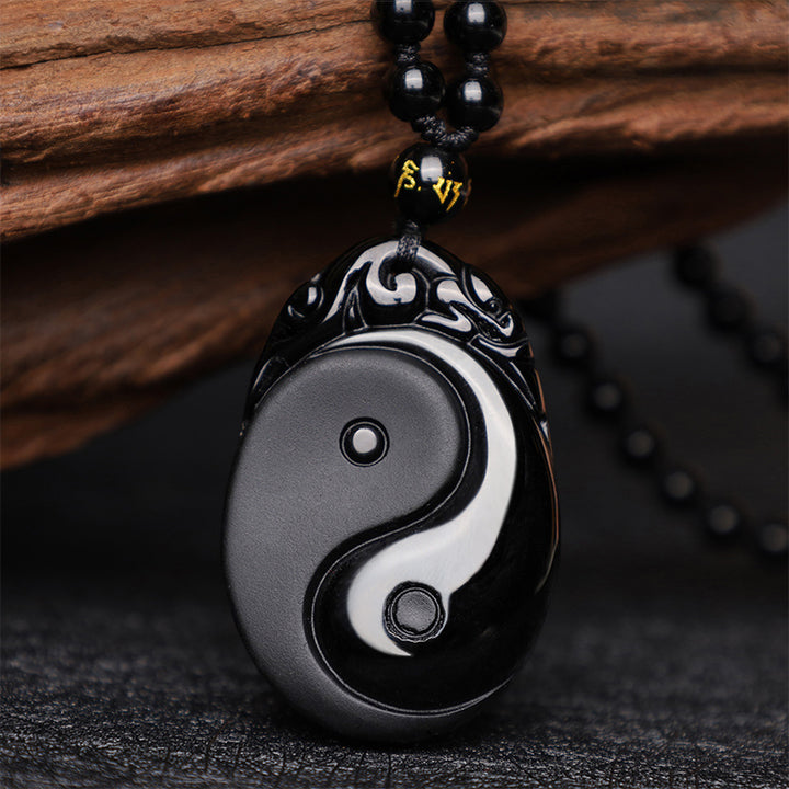 Buddha Stones Naturalny Czarny Obsydian Yin Yang Spełnienie Siła Naszyjnik Wisiorek