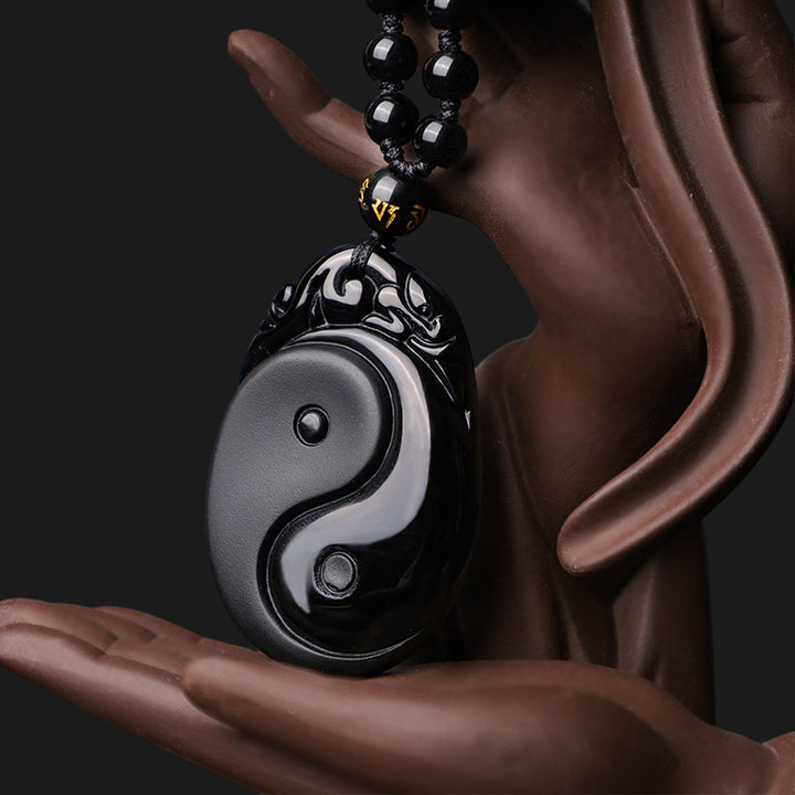Buddha Stones Naturalny Czarny Obsydian Yin Yang Spełnienie Siła Naszyjnik Wisiorek