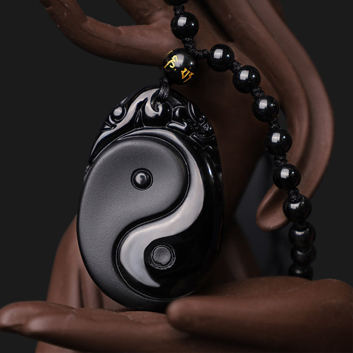 Buddha Stones Naturalny Czarny Obsydian Yin Yang Spełnienie Siła Naszyjnik Wisiorek