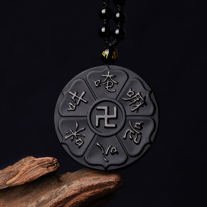 Buddha Stones Naturalny Czarny Obsydian Tybetański Om Mani Padme Hum Budda Swastyka Naszyjnik Szczęścia Wisiorek