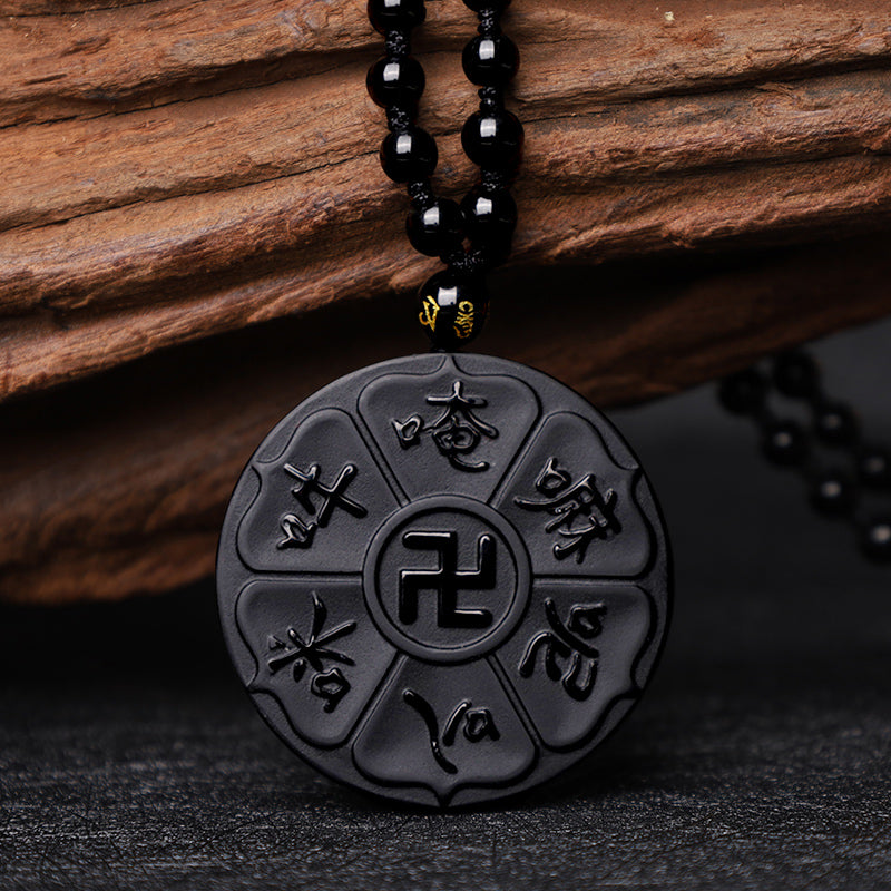 Buddha Stones Naturalny Czarny Obsydian Tybetański Om Mani Padme Hum Budda Swastyka Naszyjnik Szczęścia Wisiorek