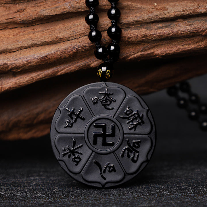 Buddha Stones Naturalny Czarny Obsydian Tybetański Om Mani Padme Hum Budda Swastyka Naszyjnik Szczęścia Wisiorek