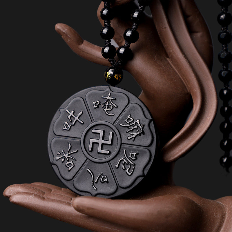 Buddha Stones Naturalny Czarny Obsydian Tybetański Om Mani Padme Hum Budda Swastyka Naszyjnik Szczęścia Wisiorek