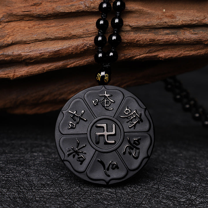 Buddha Stones Naturalny Czarny Obsydian Tybetański Om Mani Padme Hum Budda Swastyka Naszyjnik Szczęścia Wisiorek