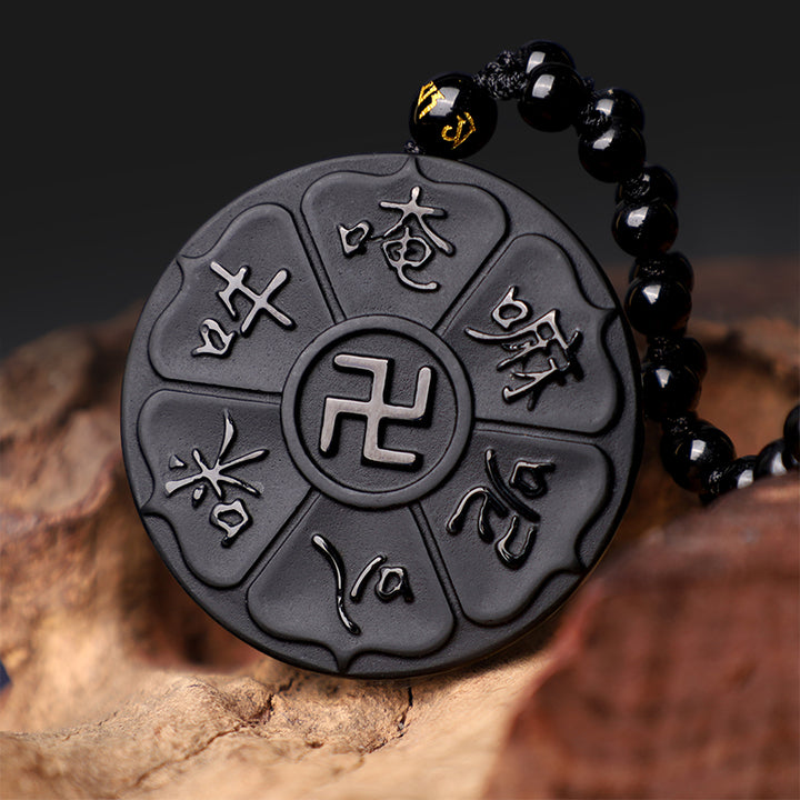 Buddha Stones Naturalny Czarny Obsydian Tybetański Om Mani Padme Hum Budda Swastyka Naszyjnik Szczęścia Wisiorek