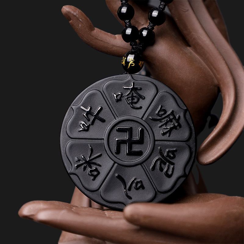 Buddha Stones Naturalny Czarny Obsydian Tybetański Om Mani Padme Hum Budda Swastyka Naszyjnik Szczęścia Wisiorek