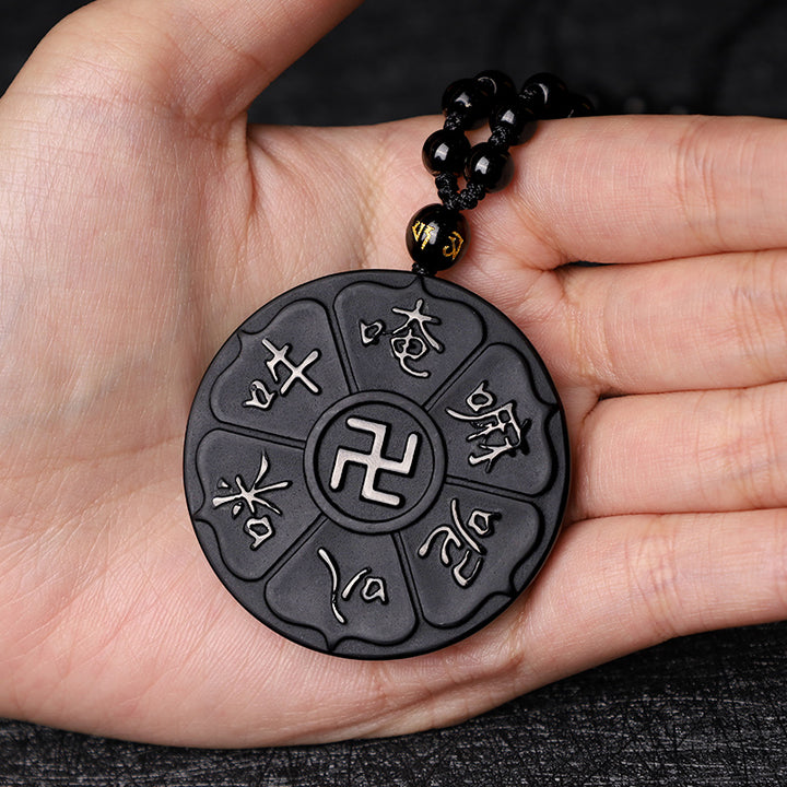 Buddha Stones Naturalny Czarny Obsydian Tybetański Om Mani Padme Hum Budda Swastyka Naszyjnik Szczęścia Wisiorek