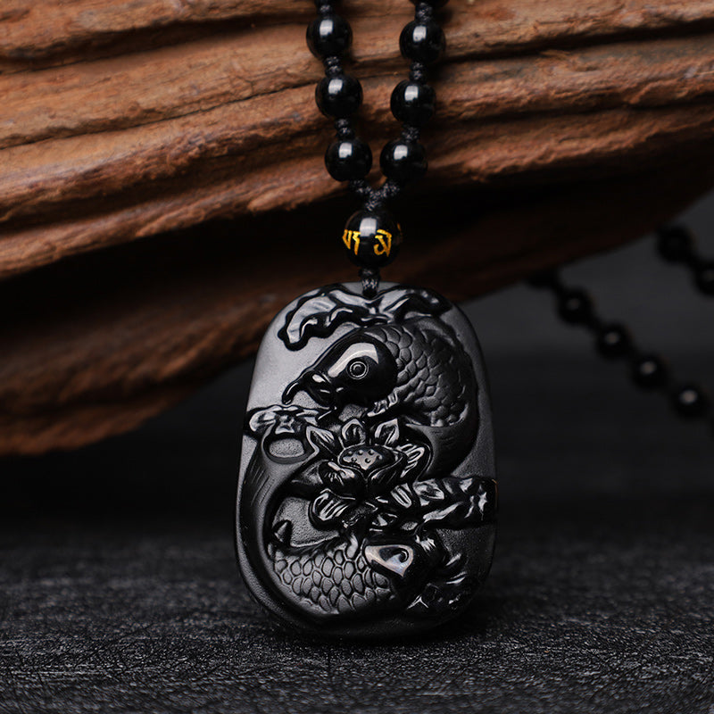 Buddha Stones Naturalny Czarny Obsydian Koi Ryba Lotos Siła Koralikowy Naszyjnik Wisiorek