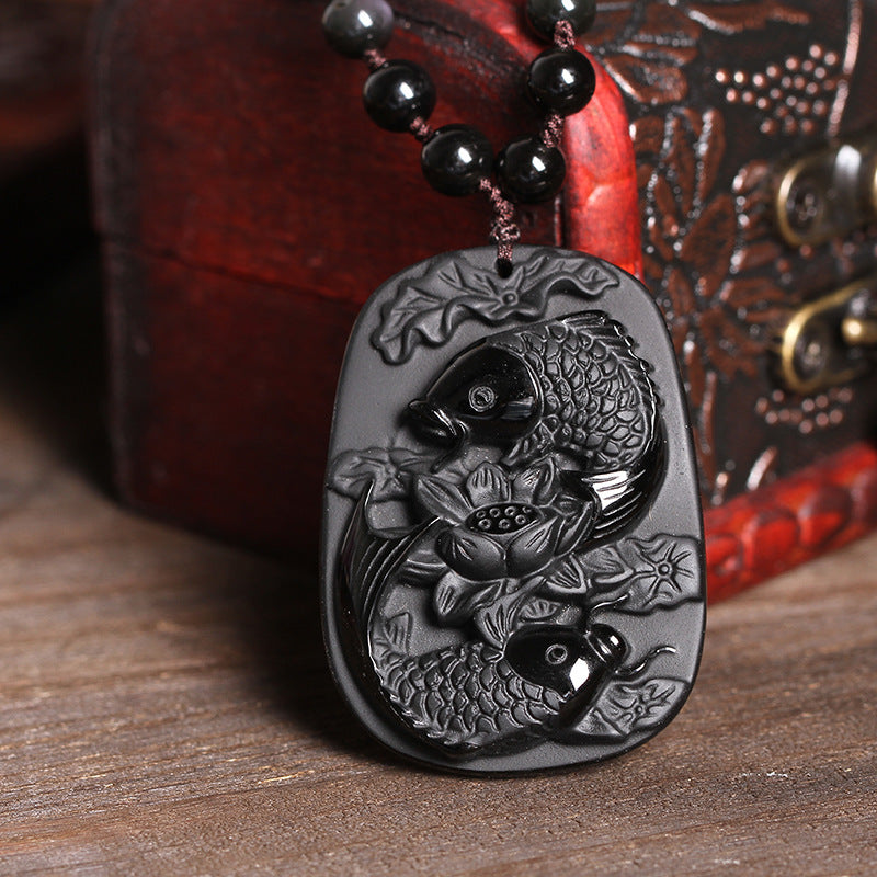 Buddha Stones Naturalny Czarny Obsydian Koi Ryba Lotos Siła Koralikowy Naszyjnik Wisiorek