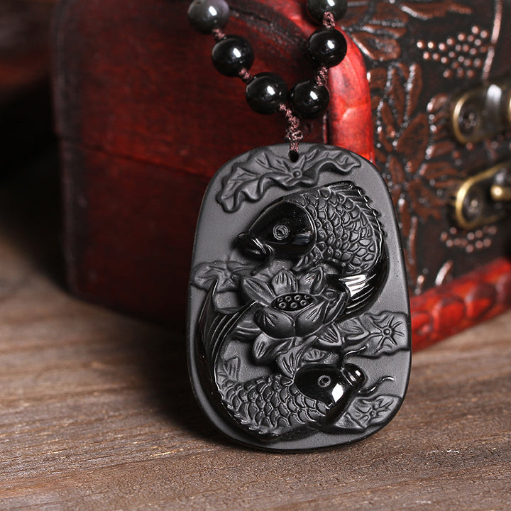Buddha Stones Naturalny Czarny Obsydian Koi Ryba Lotos Siła Koralikowy Naszyjnik Wisiorek