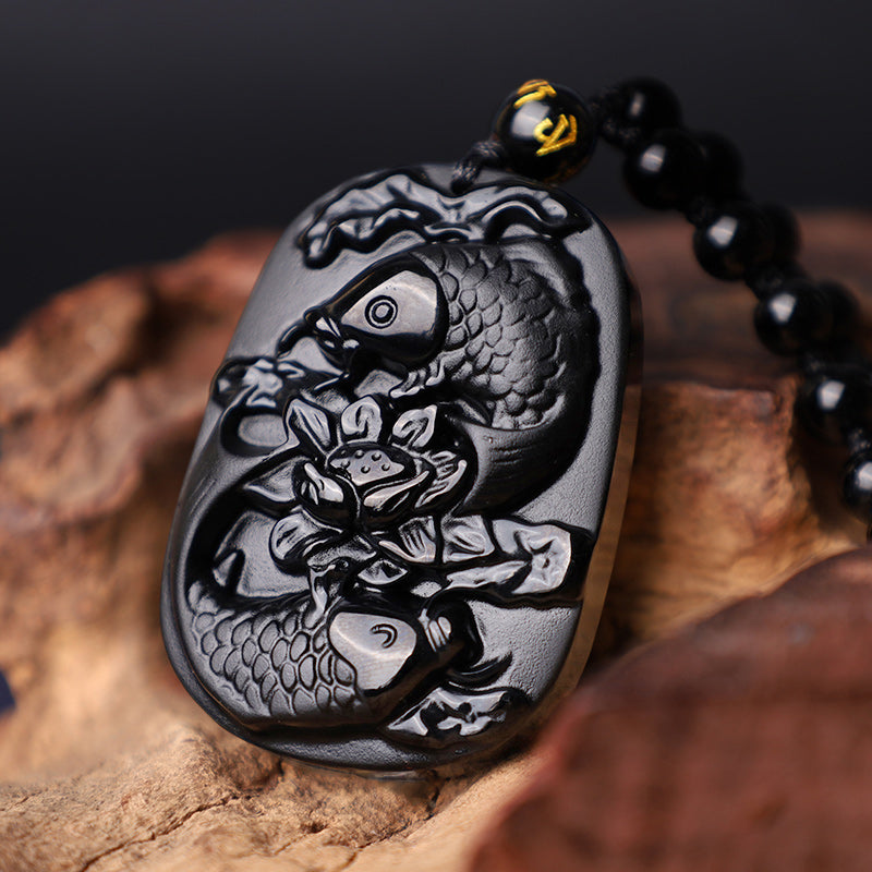Buddha Stones Naturalny Czarny Obsydian Koi Ryba Lotos Siła Koralikowy Naszyjnik Wisiorek