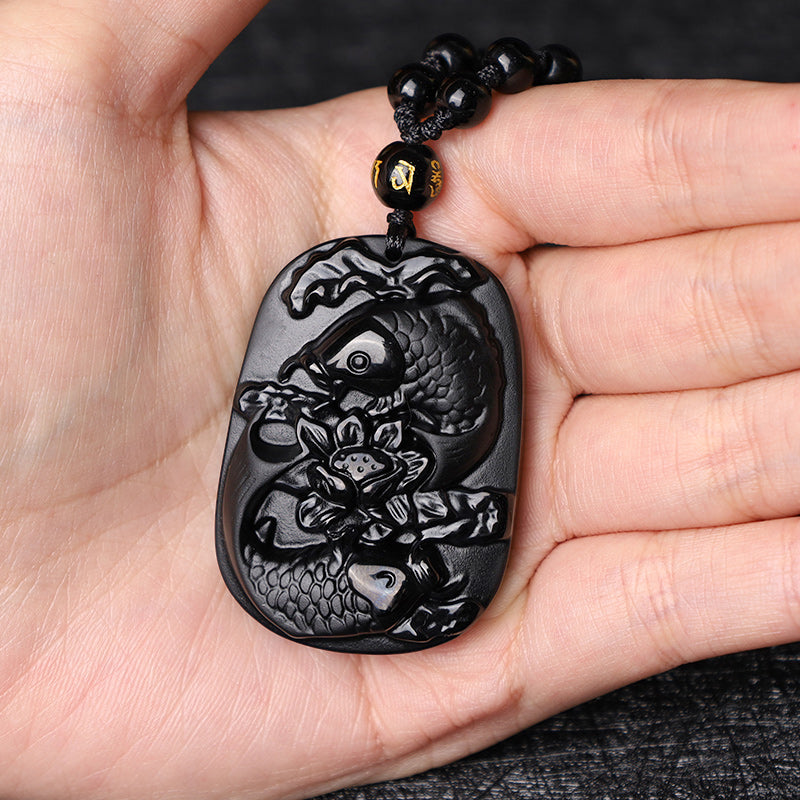 Buddha Stones Naturalny Czarny Obsydian Koi Ryba Lotos Siła Koralikowy Naszyjnik Wisiorek
