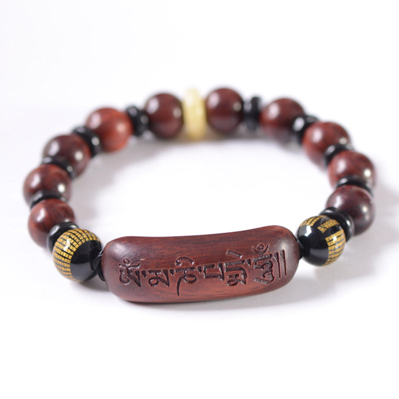 Buddha Stones Małe Liście Czerwonego Drzewa Sandałowego Om Mani Padme Hum Grawerowana Bransoletka Ochronna